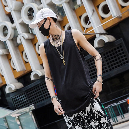 Men's cotton sleeveless scoop tank top with printed design in various colours