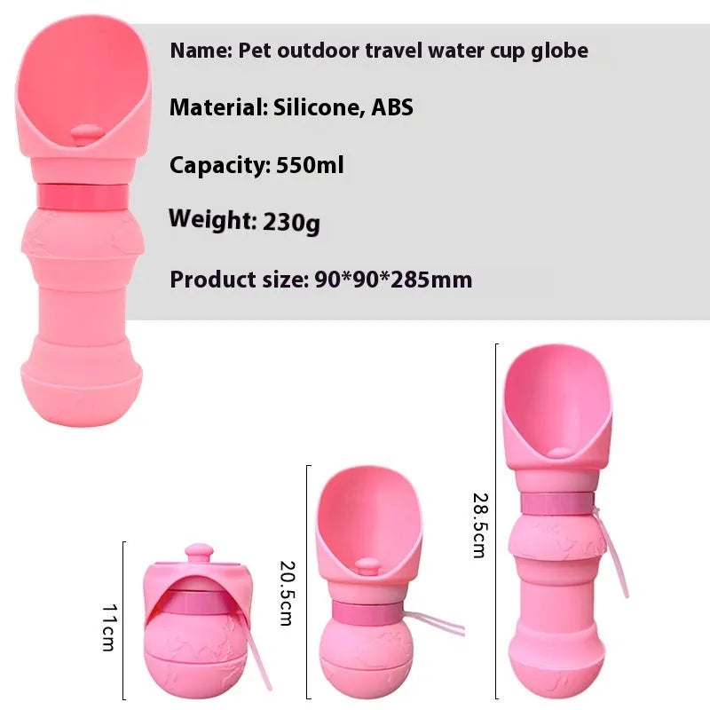 Silicone folding pet water cup shown in pink, collapsed for storage and opened for use