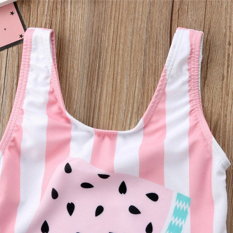 Pink baby girl's swimming suit with floral patterns, size L, for ages 18 months to 9 years