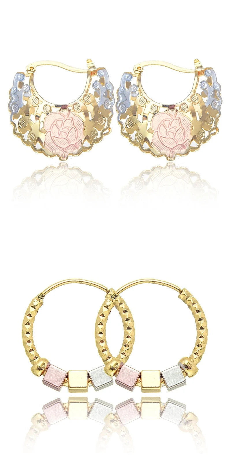 Hollow rosette earrings with gold contrast hoops, geometric copper jewellery