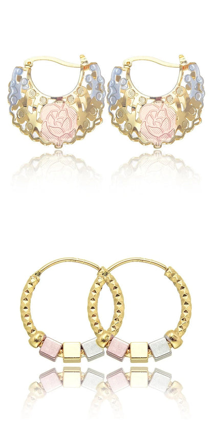 Hollow rosette earrings with gold contrast hoops, geometric copper jewellery