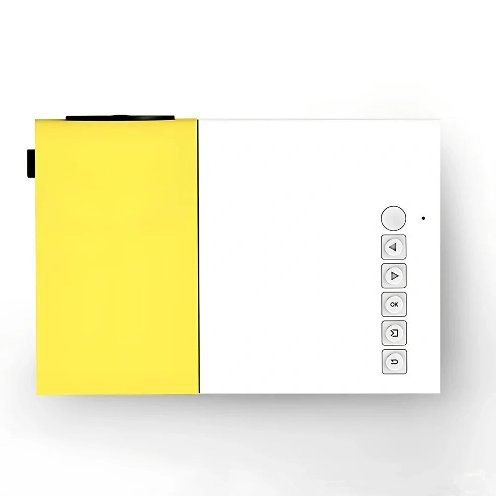 Yellow 1080P LED mini projector with HDMI ports, projecting 80-inch image from 1.2m distance