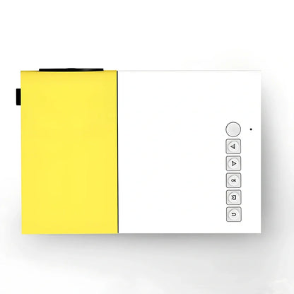 Yellow 1080P LED mini projector with HDMI ports, projecting 80-inch image from 1.2m distance