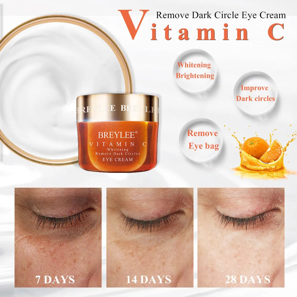 Three jars of eye cream: blue hyaluronic acid, orange VC, purple retinol, 40g each
