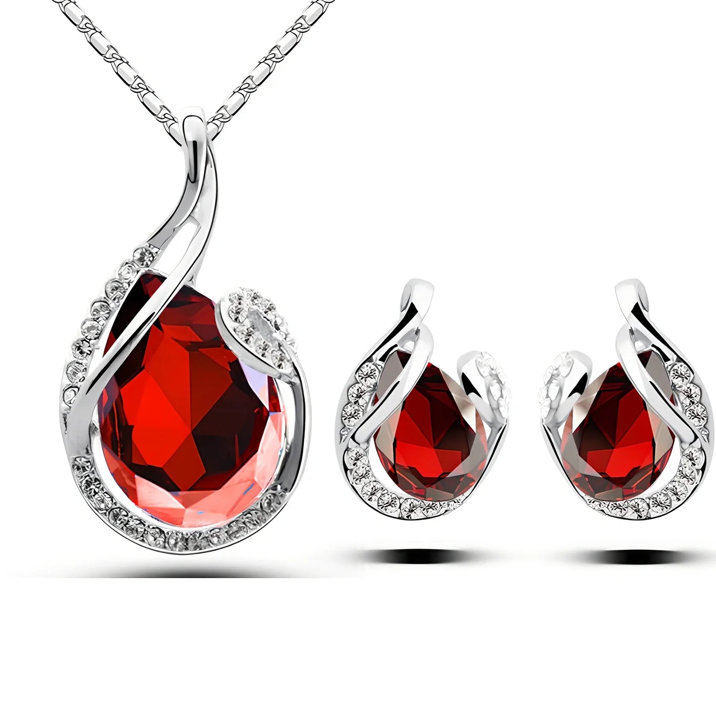 3-piece water-drop rhinestone necklace set with adjustable 21-50cm chain and matching stud earrings in blue, electroplated alloy for women's fashion