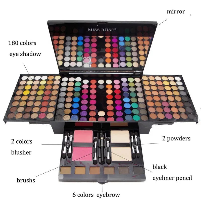 Piano-shaped box open to show 180 colour eyeshadow palette with blushes and contour powders