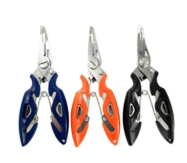 Stainless steel curved nose fishing pliers in black with cover on white background