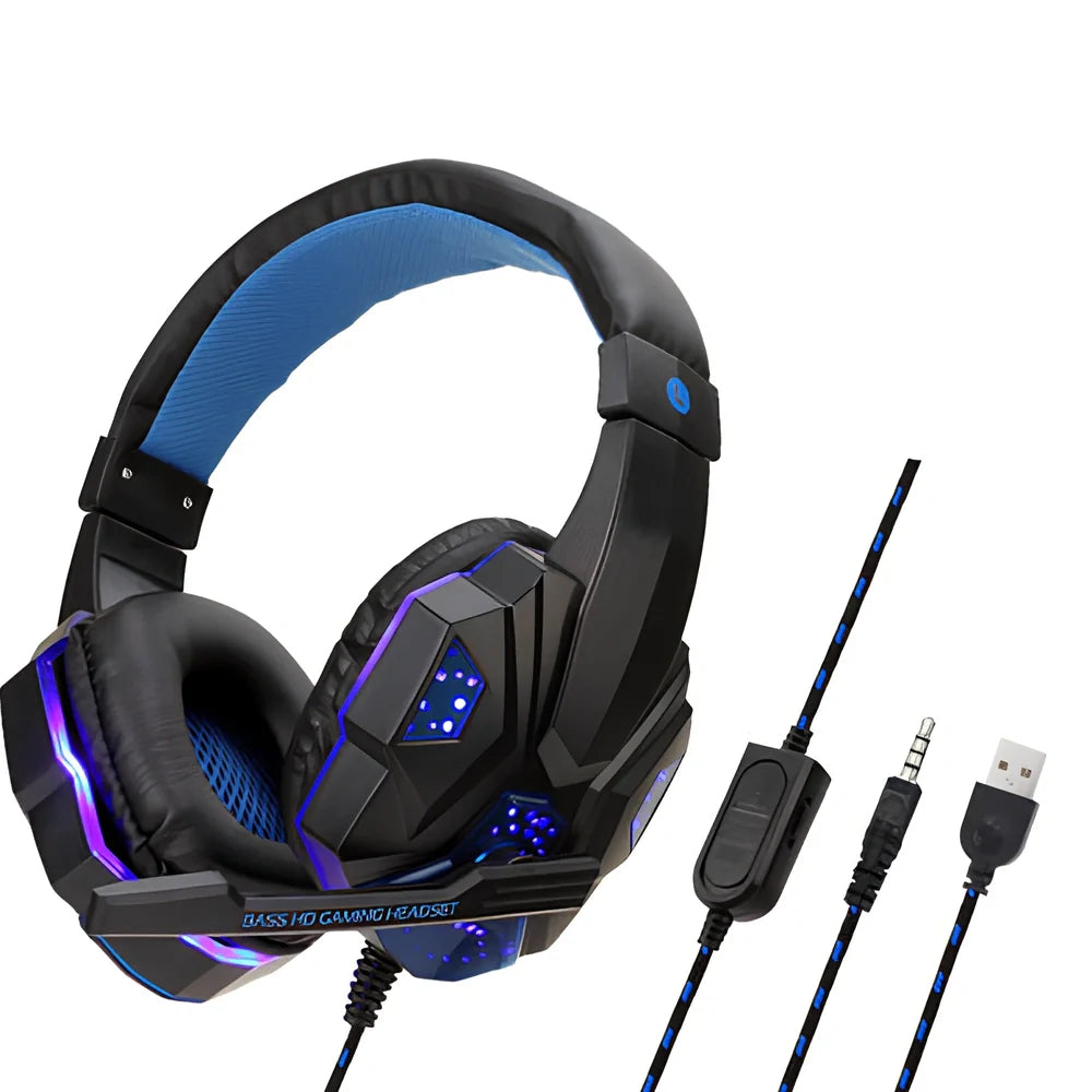 Black gaming headphones with adjustable microphone and braided cable showing 3.5mm plug