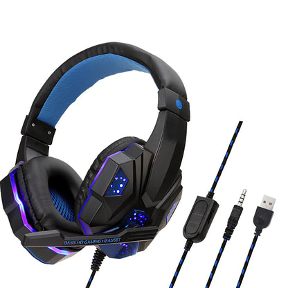 Black gaming headphones with adjustable microphone and braided cable showing 3.5mm plug