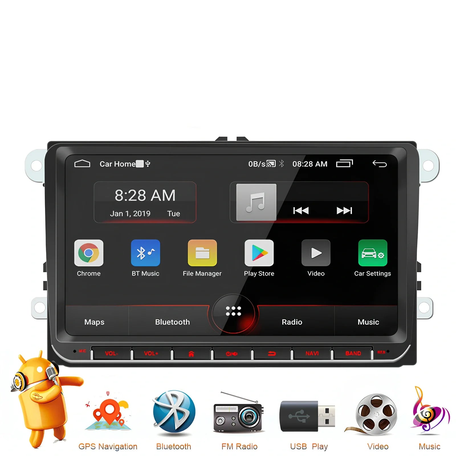 Black 7-inch car navigation player with external power supply for Volkswagen vehicles