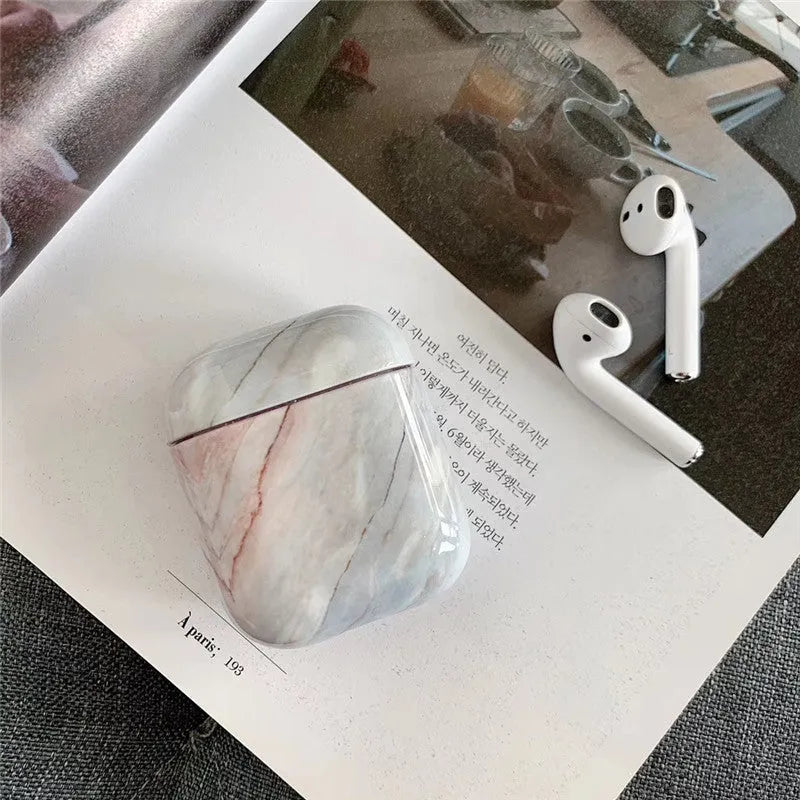 White marble pattern hard PC protective case for Apple AirPods 1 and 2 charging box