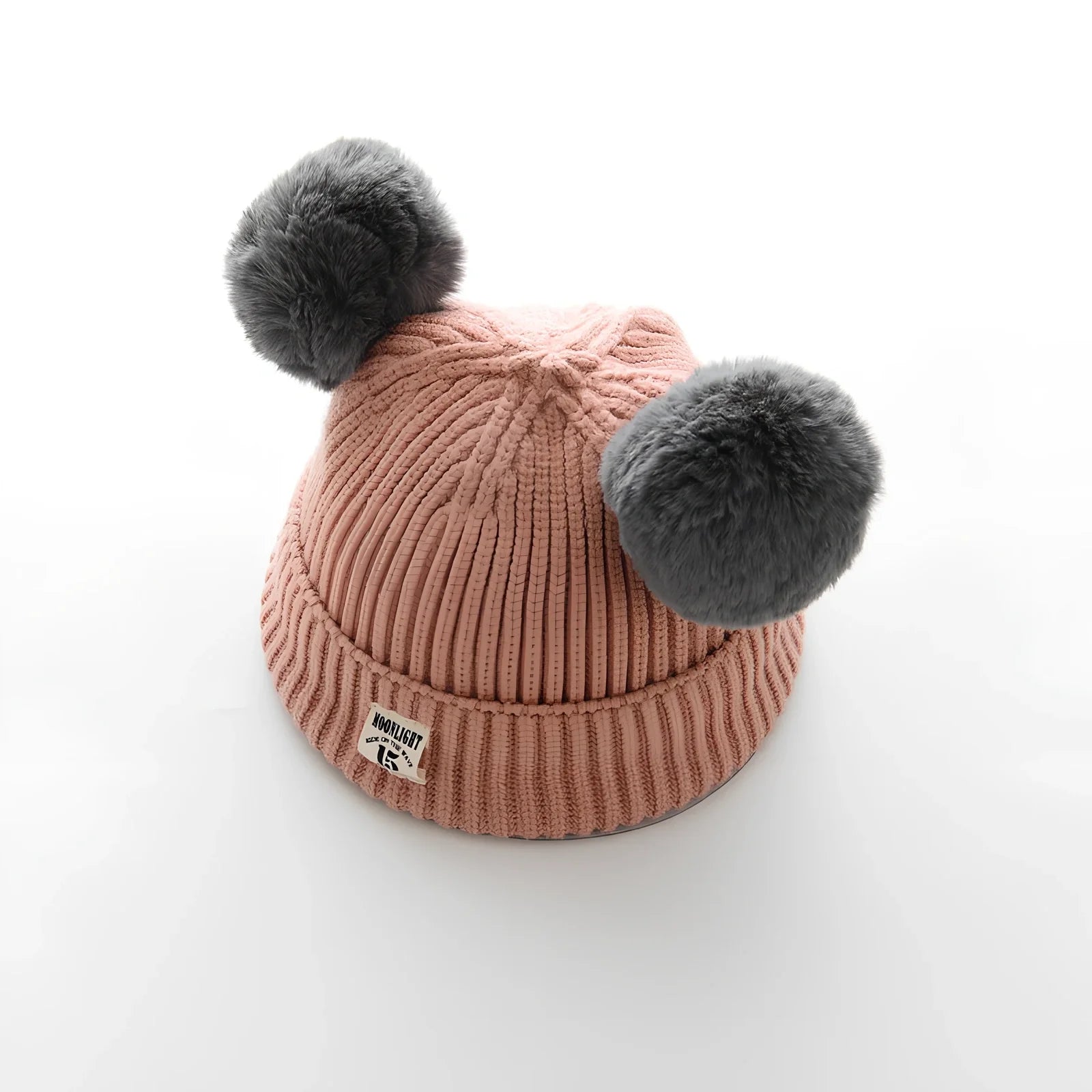 Crocheted baby wool cap in beige with soft 5 cm plush ball, high top style for 6 months-3 years winter warmth, flanged edge for secure fit