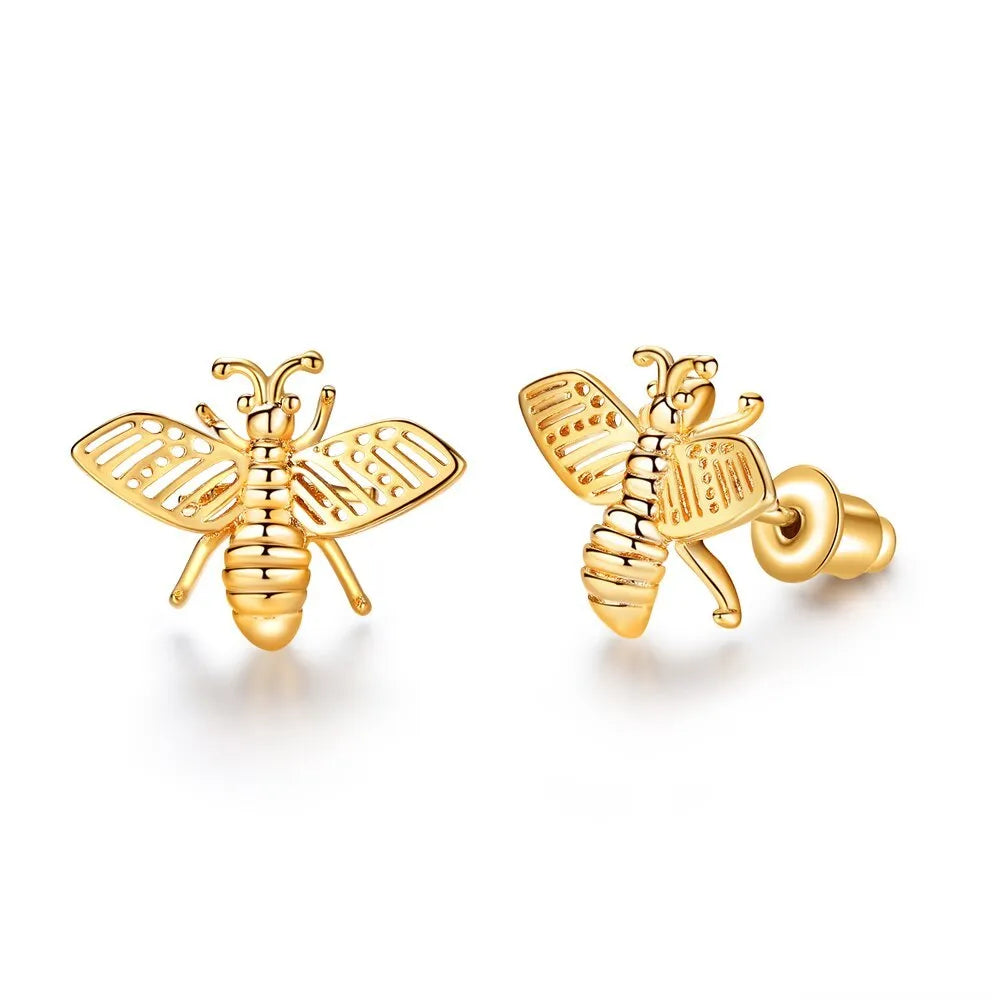Three styles of Korean inlaid crystal rhinestone bee and flower stud earrings on a white background