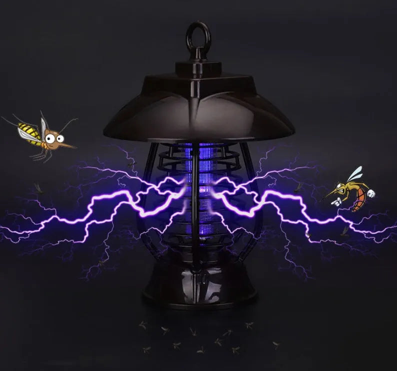 White solar mosquito lamp with purple switch and solar panel for garden insect control