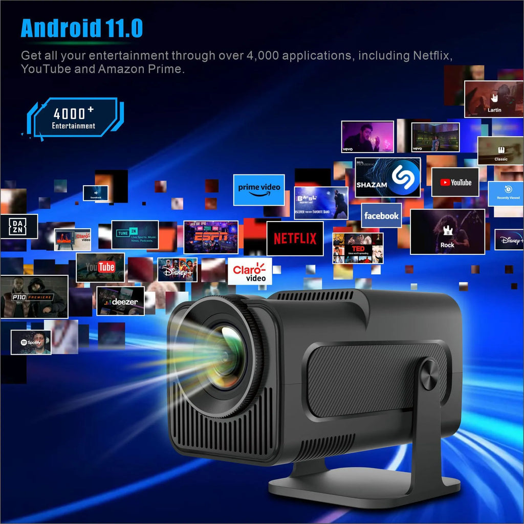 HY320 Android smart projector with 1080p resolution, 390 ANSI lumens, and rotatable PTZ bracket
