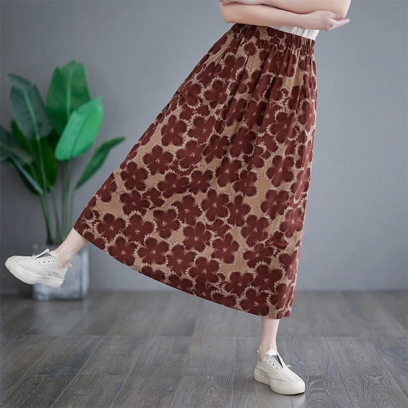 Cotton and linen loose skirt in wine red and dark green, literary and retro style