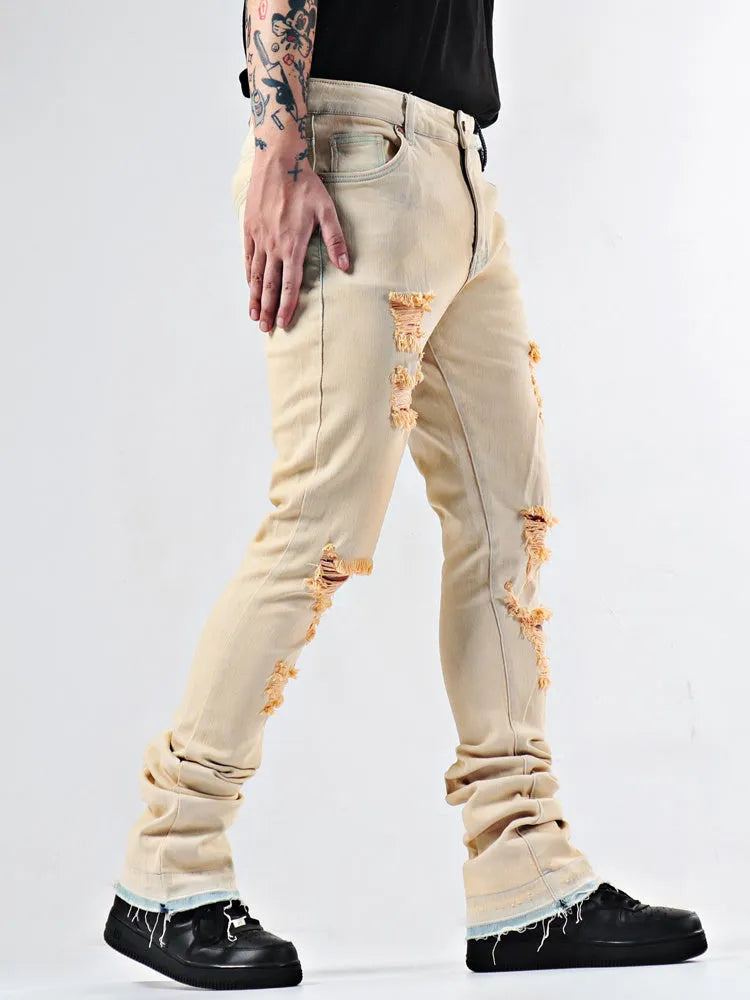 Stone washed medium high waist flare jeans in apricot cotton stretch denim with zipper fly