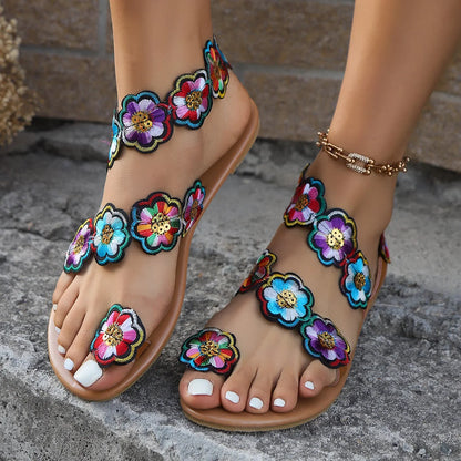 Women's ethnic style flowers flat sandals with fish mouth toe and floral design