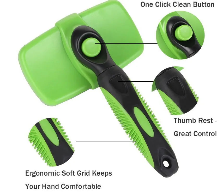 Pet self-cleaning slicker brush with stainless steel needles, green handle, comb surface 12.6 x 7cm, for dogs and cats