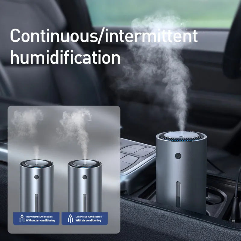 Black or dark grey 12V car diffuser and humidifier with aluminium alloy body for air purification.