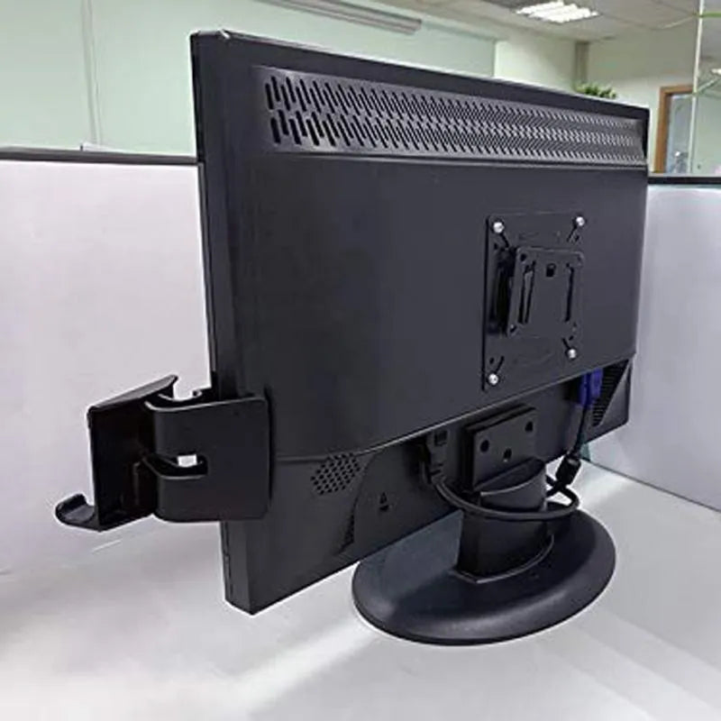Black ABS computer mobile phone bracket attached to side of monitor with phone inserted