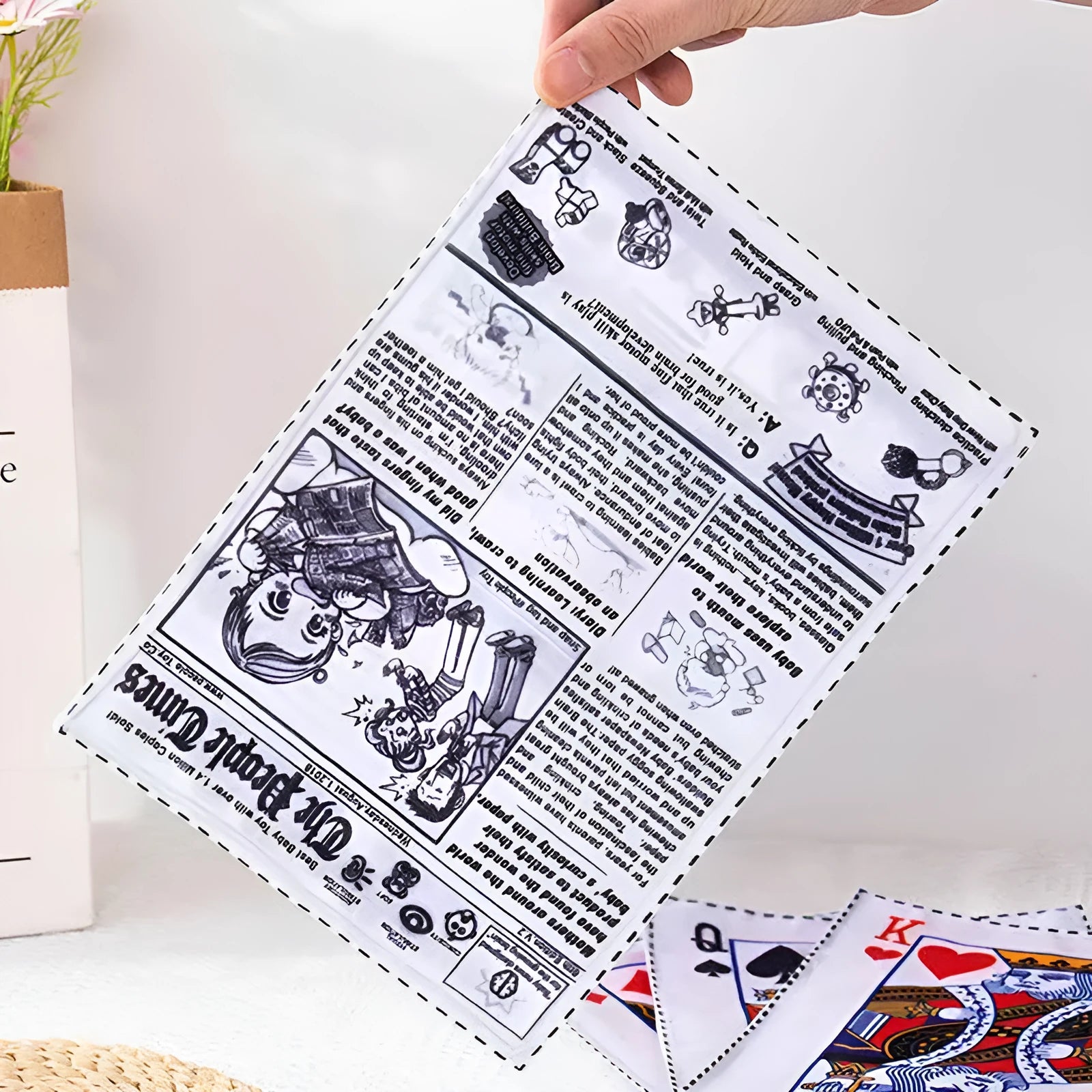 Tearproof pet dog toy with simulated squeaking newspaper playing cards for interactive play