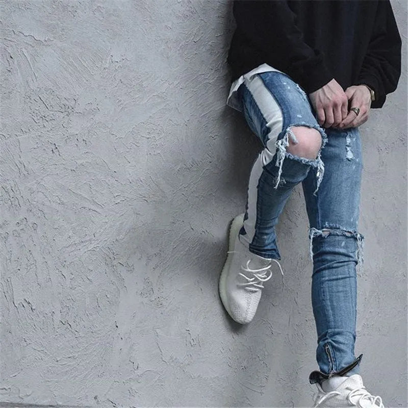Men's ripped cotton denim slim fit jeans with distressed details in black and blue options
