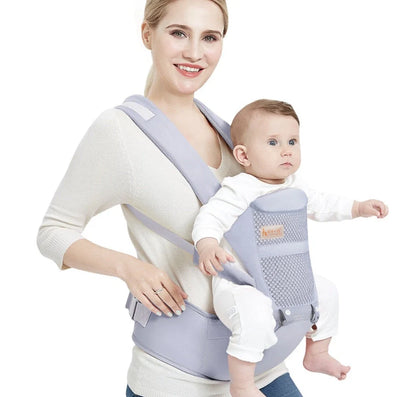 Multifunctional baby carrier waist stool in pink, gray, and blue for comfortable child sitting