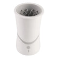 White pet electric foot washer with 11.5cm diameter and 17.5cm height, ABS plastic construction