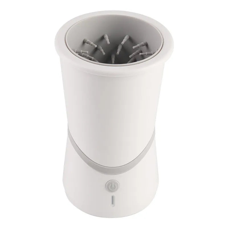 White pet electric foot washer with 11.5cm diameter and 17.5cm height, ABS plastic construction