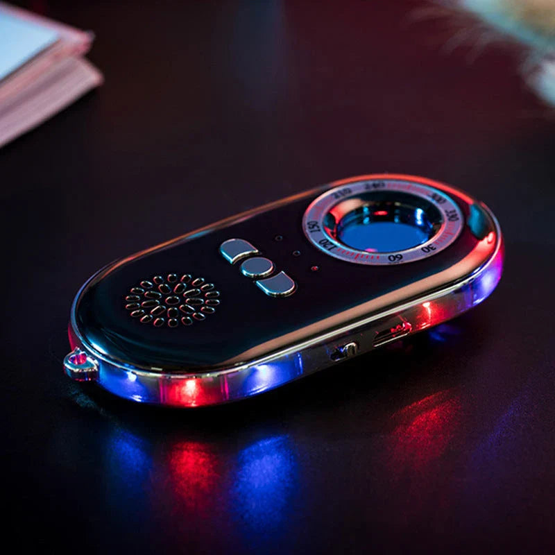 Compact RF scanner and alarm in black and rose gold for personal privacy and security