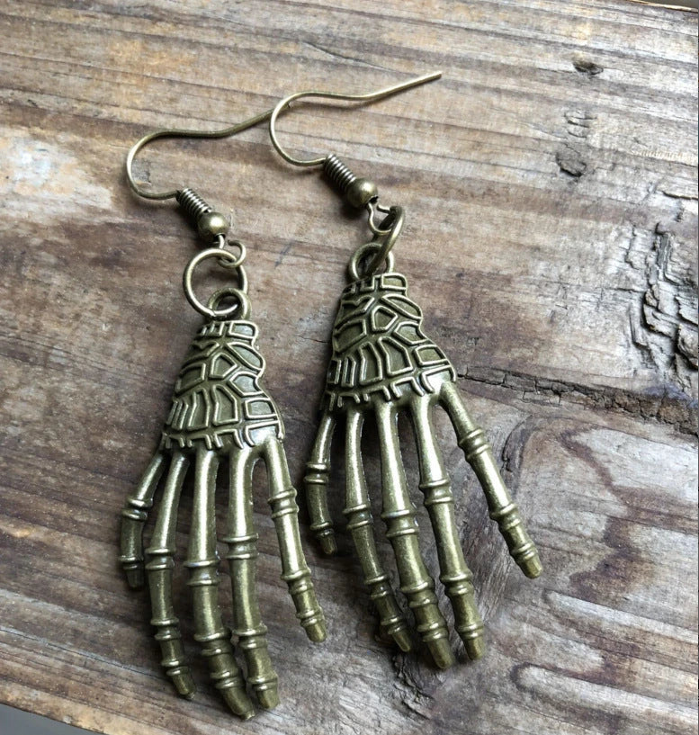 Halloween Vintage Carved Skull Skeleton Hands Earrings in gold, bronze, and silver