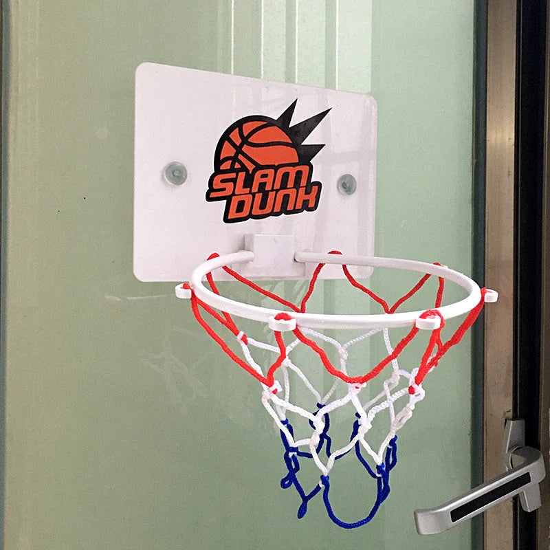 Indoor mini basketball hoop with orange shatterproof backboard and heavy-duty net