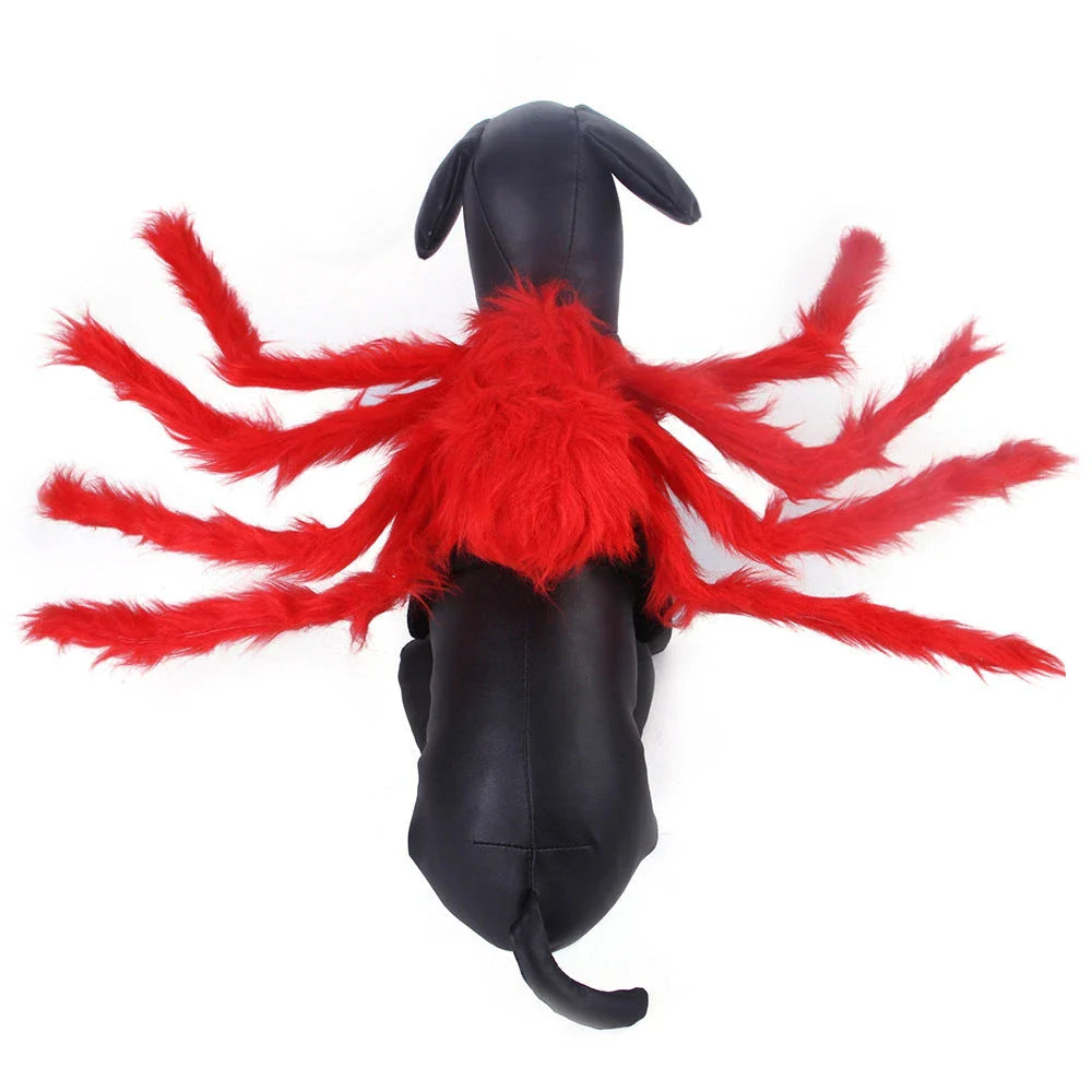 Spooky spider pet costume in red and black colors, designed for cats, dogs, and other small pets to wear for Halloween