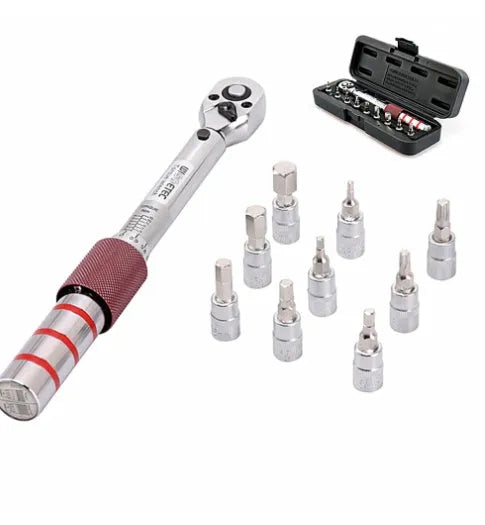 Tool steel torque wrench set with 1/4 inch square drive head and embossed scale