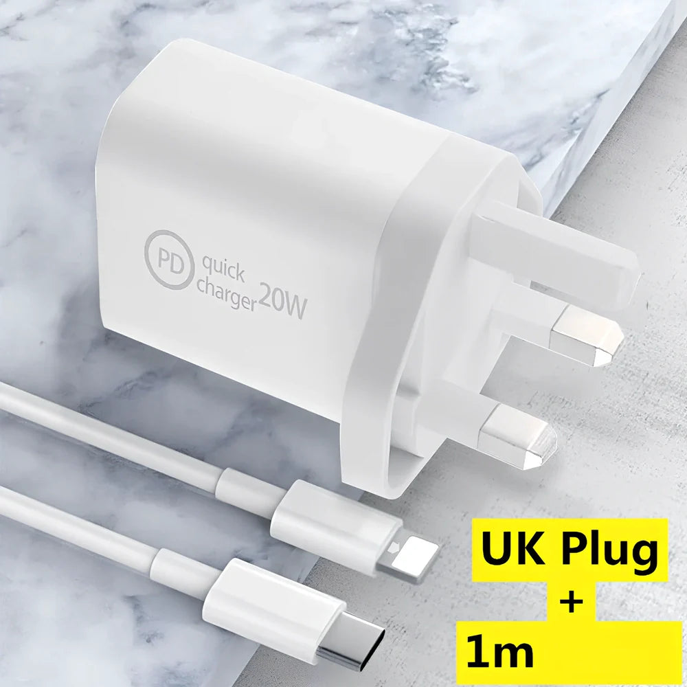 Compact 20W PD charger in UK plug variant, 63x40x22mm size, for fast smartphone charging with safety features