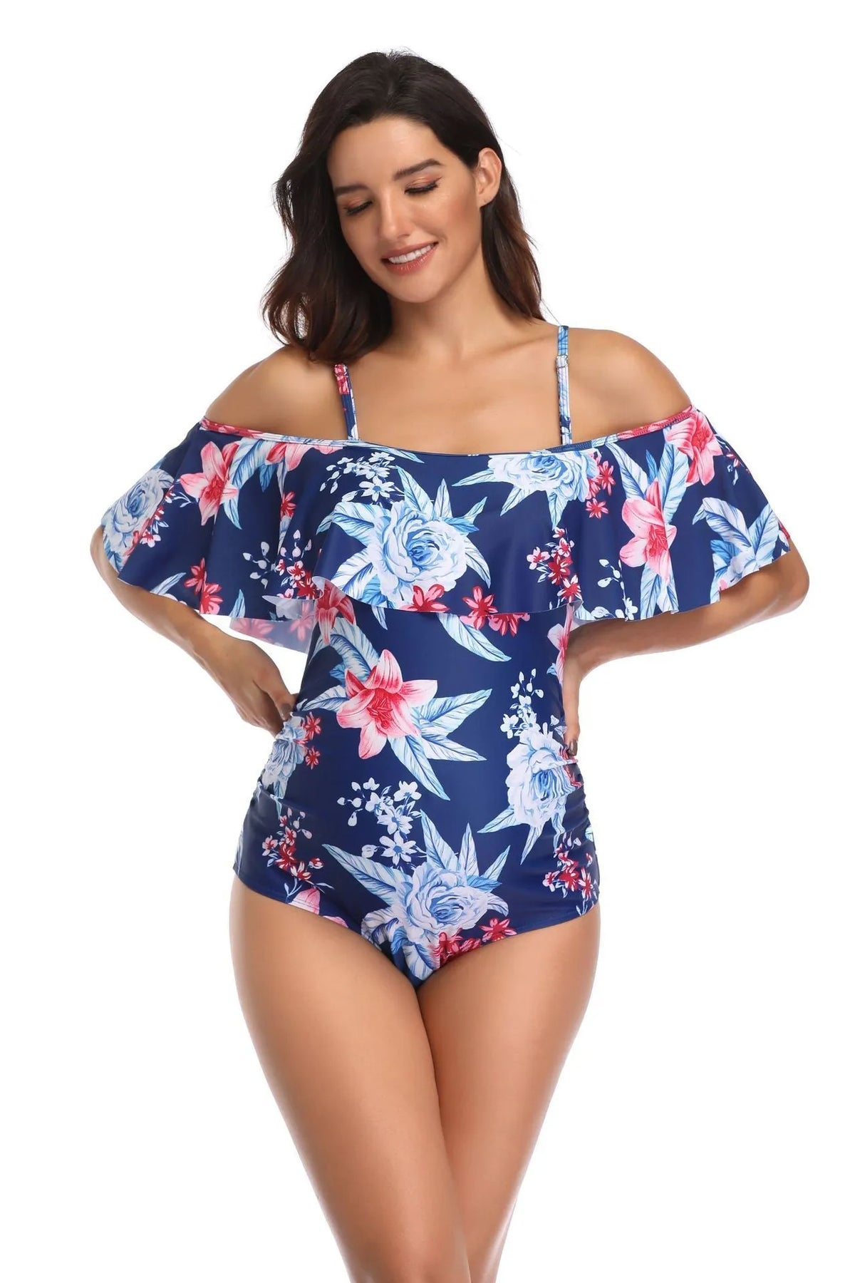 Blue printed polyester maternity swimsuit for pregnancy, available in sizes S to 4XL