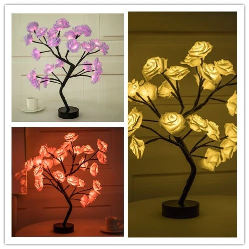 Rose Flower LED Table Lamp in white and red with USB and battery operation