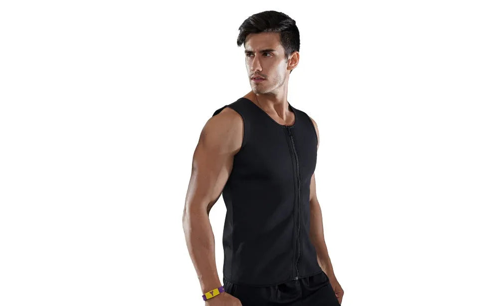 Black fitness sweat zipper vest with front zip, made from chlorinated fibre, shown on a model