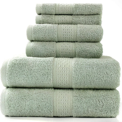 Pure cotton absorbent towel set in bamboo green, showing 140x70cm bath, 33x73cm hand, and 33x33cm square towels