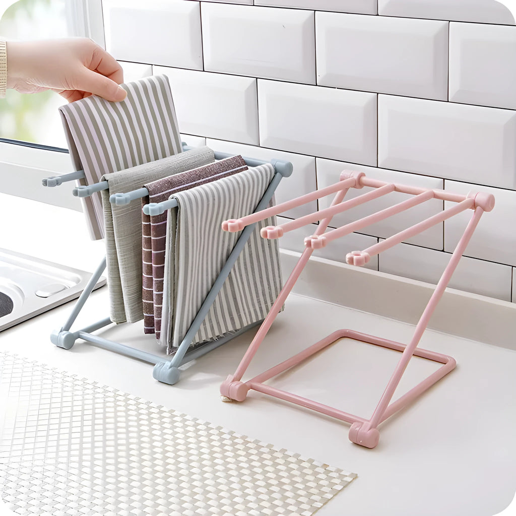 Foldable plastic dishcloth shelf in Nordic colours for kitchen bottle storage