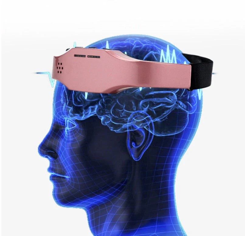 Wireless Head Massager Helmet in black and pink for stress relief and sleep therapy