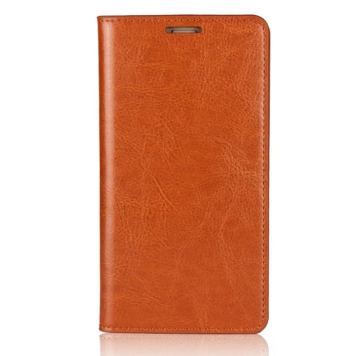 Genuine leather flip wallet case for iPhone XR with crazy horse pattern in brown colour, showing card slots
