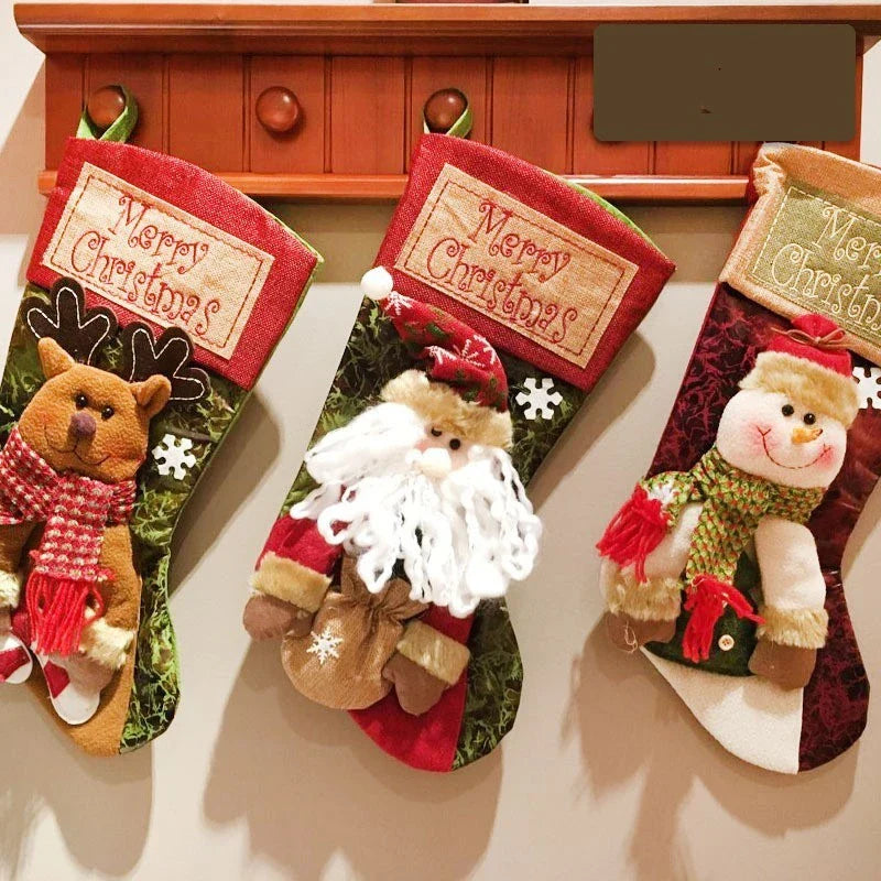 Cozy Christmas stocking with 3D applique designs of snowman, old man, and elk