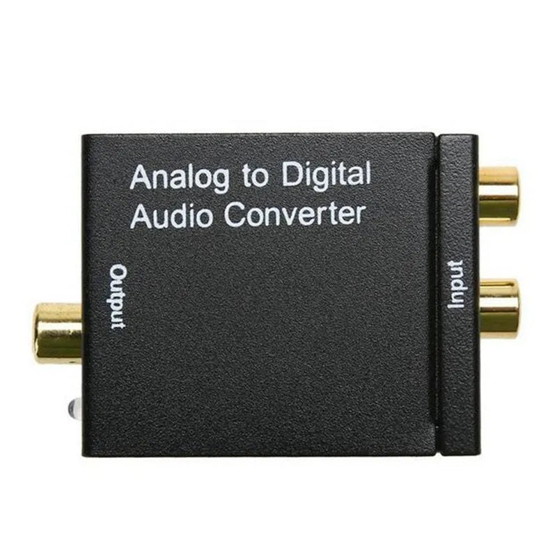 Black digital to analogue audio converter with Toslink and RCA inputs for optical and coaxial signal conversion