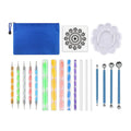 Pottery tool set containing acrylic ribs, stainless steel wire tools, and plastic sculpting tools inside a blue pen bag.