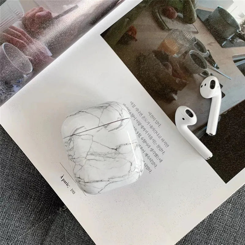 White marble pattern hard PC protective case for Apple AirPods 1 and 2 charging box