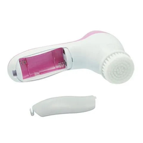 Electric facial cleanser brush with 5 attachments in pink, compact size, on white background