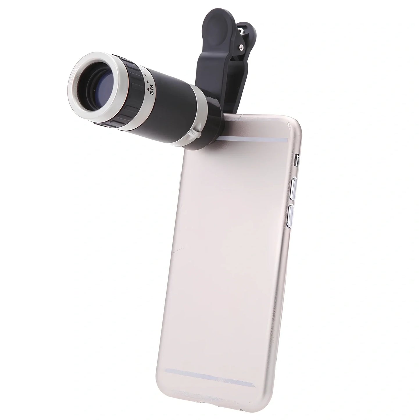 Silver 8x optical telescopic lens for phones, 1.2x7 inches, clips on for 240-yard magnification views