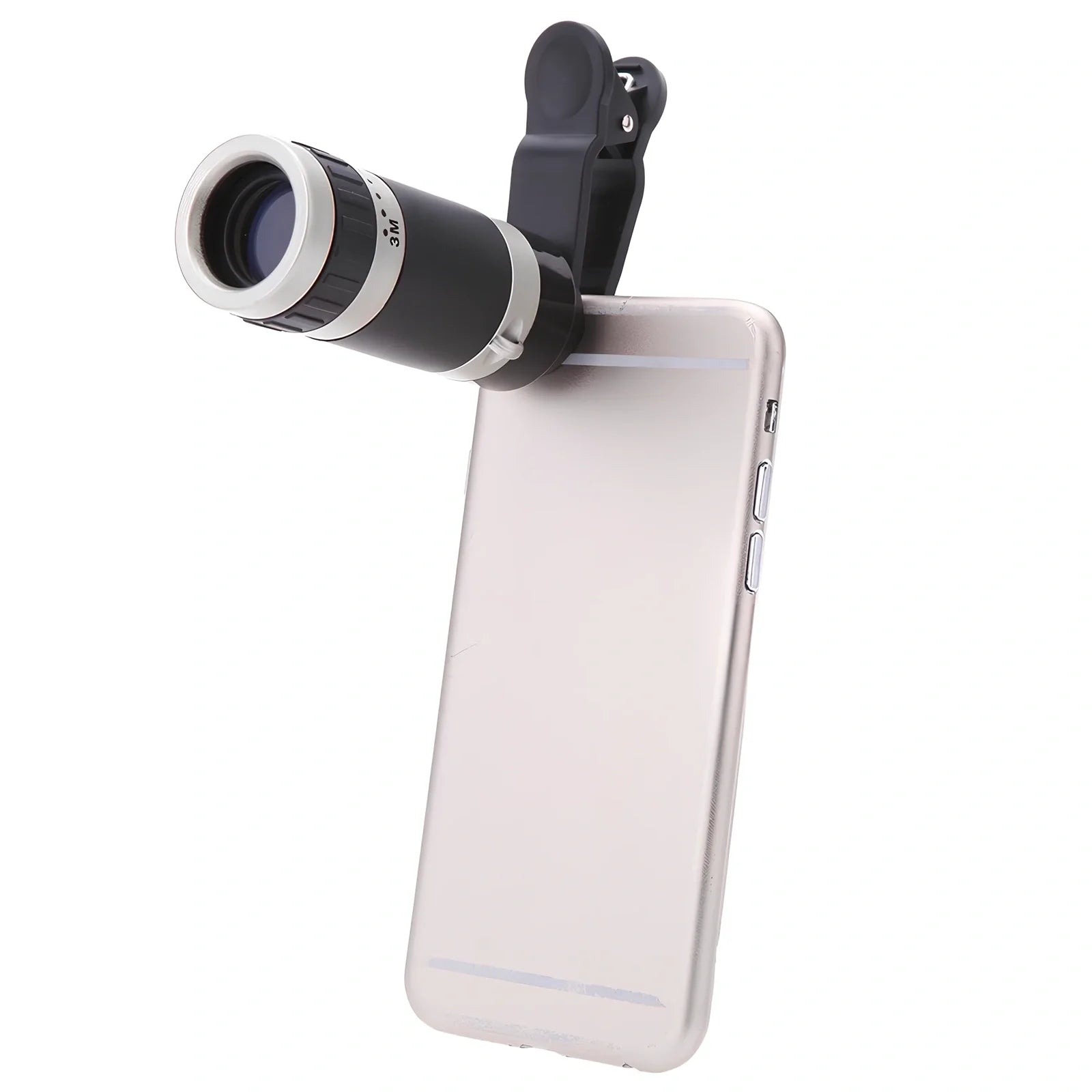 Silver 8x optical telescopic lens for phones, 1.2x7 inches, clips on for 240-yard magnification views